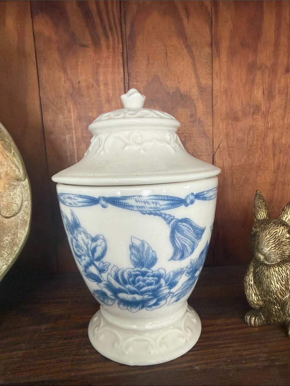 Martha Stewart Blue and White Floral Ceramic Trinket Jar with Lid
